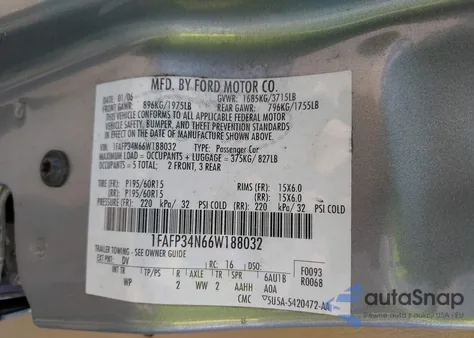 2006 Ford Focus Zx4 из США, поврежденный, VIN 1FAFP34N66W188032